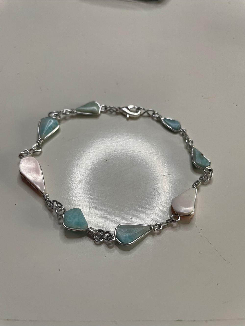 Silver toned with Blue and Pink beaded Link Bracelet